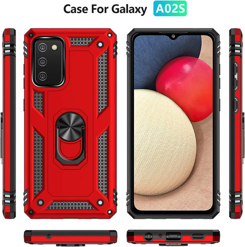 Galaxy A02s Case with HD Screen Protector, Military-Grade Ring Kickstand Holder, Shockproof Red Cover