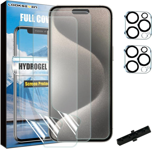 iPhone 15 Pro Max: 3+2 Hydrogel Film Screen Protectors + 2 Tempered Glass Camera Lens Protectors.
