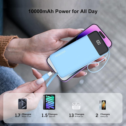 penaover 10000mAh 5 2 Pack 17/16/15/14 Portable Charger Power Bank with Built-in Cable, Output Input Travel Essential