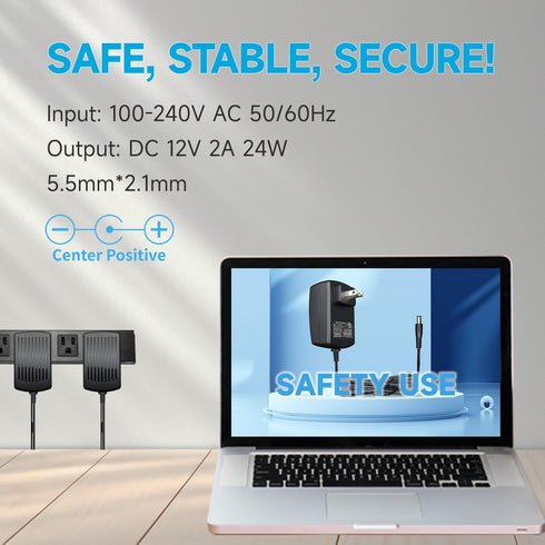 12V 2A 10ft Power Adapter with 8 Tips, 2000mA 24W AC Charger Replacement for LED Strip Light, CCTV Camera, Router