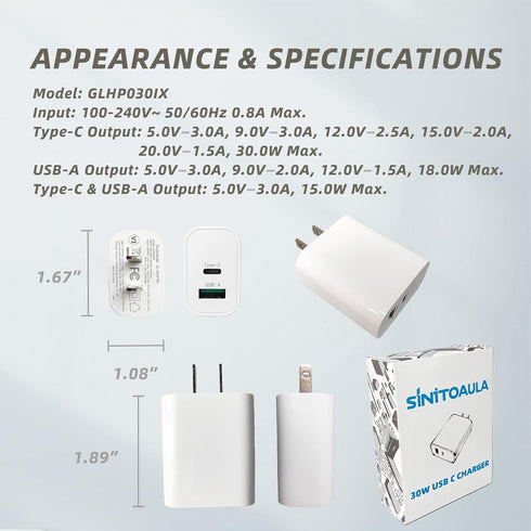 SinitoAula 30W 2pcs), USB-C Charger Block with Extra USB-A Port (White, Fast Charging Plug for Wall Outlet, Type C