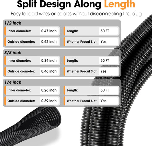 YesBes 1/4", 1/2", 3/8 Inch 50 Wire Loom x FT, Split Wire Loom Tubing Wire Conduit, Cable Sleeves Bulk Flexible