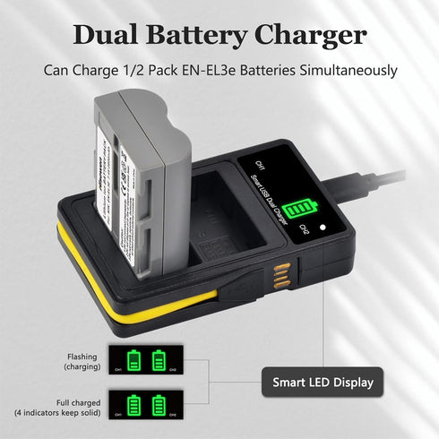 Hisewen EN-EL3e Battery 2-Pack, 2600mAh and LED Charger for Nikon D50, D70, D70s, D80, D90, D100, D200, D300, D300S,
