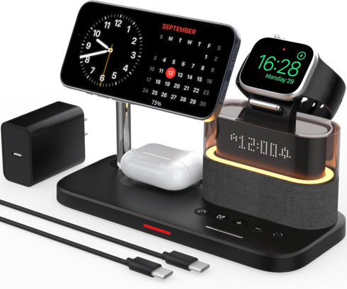 5 in 1 Wireless Charger with Alarm Clock for Apple, Mag-Safe Charging Station for iPhone 16/15/14/13/12, Apple Watch