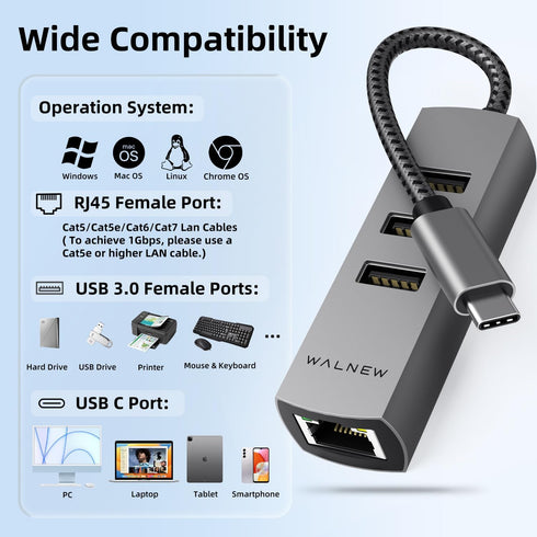 WALNEW USB-C to Ethernet Adapter, 4 in 1 USB C Hub with LAN RJ45, Aluminum Gigabit Network Cable Converter for PC