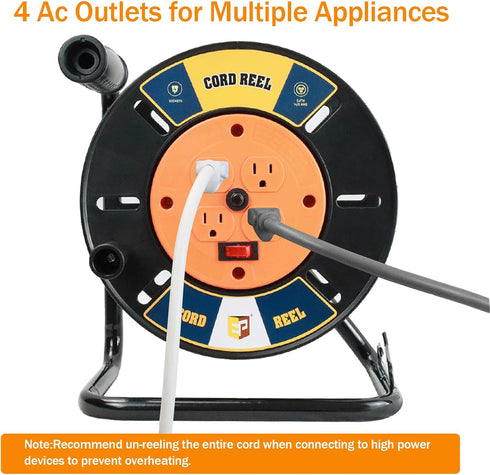 EP Extension Cord Storage Reel with 4-Grounded Outlets, Heavy Duty Open Cord Reel for Power Cords