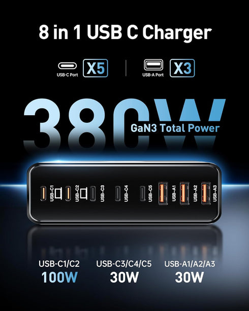 Ediliow 380W 4 8-Port 100W USB C Charger Block,with USB Cables USB C Charging Station Dual Laptop Charger Fast Charger