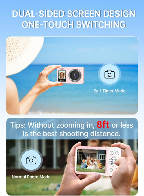 WABL 4K 64MP 18X 64GB 2 Pink Digital Camera, UHD Dual Screens Camera, Zoom, Portable Small Point and Shoot Digital