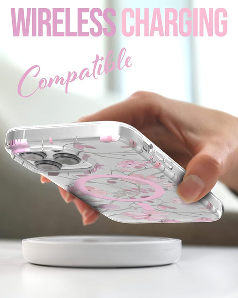 ENCASED Magnetic Case for iPhone 14 PRO with Screen Protector - Compatible with MagSafe Accessories (Pink Flowers)