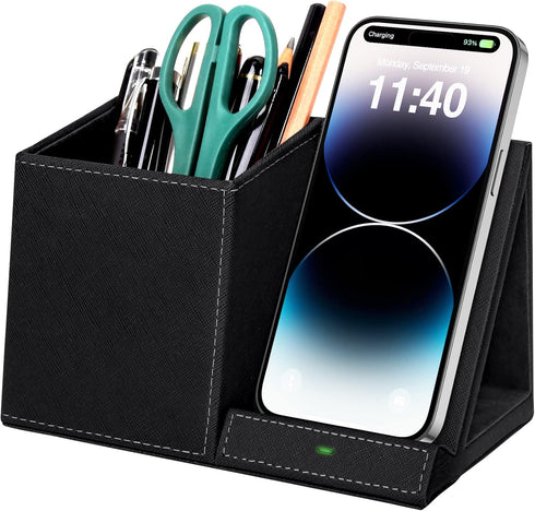 2-in-1 Pen Holder with Wireless Charger, Compatible with iPhone 16/15/14/13/12/11/8 Series, Desk Phone Stand