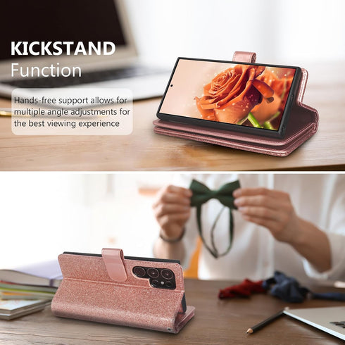 Varikke Detachable Wallet Case for Galaxy S22 Ultra, Glitter Leather Strap Magnetic Flip Cover for Women - Rose Gold