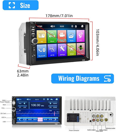Rimoody 7 Inch Car Stereo Double Din Radio, Bluetooth Handsfree, Touch Screen, USB SD FM Multimedia with Backup Camera