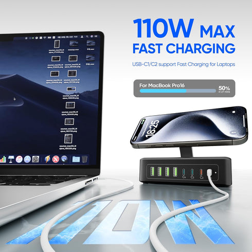 Acozvin 300W 11-in-1 2AC 8USB 5ft USB Charging Station, USB C Power Strip Surge Protector, Outlets & Ports, Flat Plug