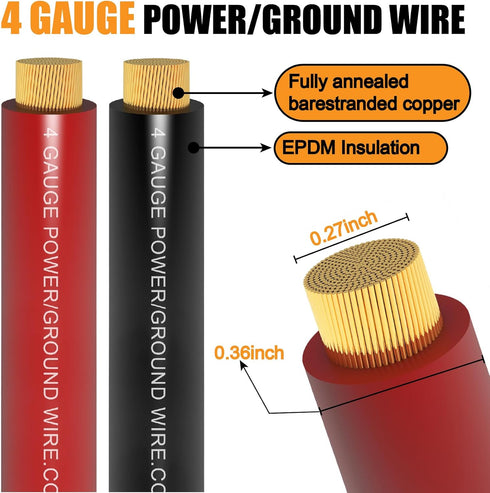 4 Gauge Wire (25ft Black + 25ft Red) Copper Clad Aluminum CCA, 20PCS Lugs, 20PCS Heat Shrink Tubing, 100A ANL Fuse