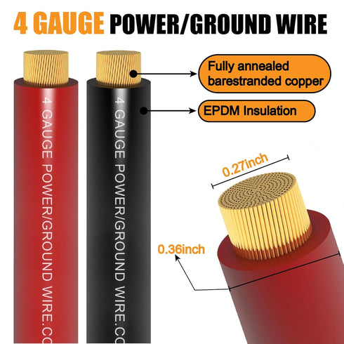 4 Gauge Wire (25 Feet Black + 25 Feet Red), Copper Clad Aluminum CCA, Primary Automotive Wire with 20PCS Lugs Terminal