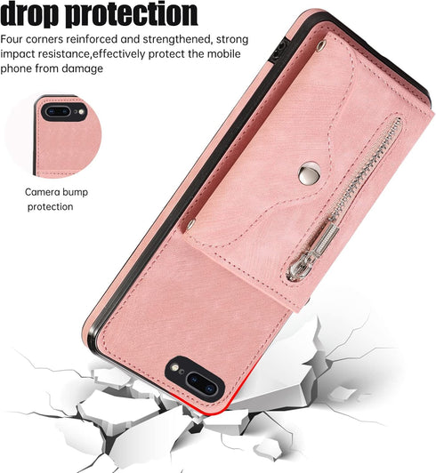 Phone Case for iPhone 7plus 8plus, Wallet Cover with Wrist Crossbody Strap, Leather Cell Accessories, Rose Gold
