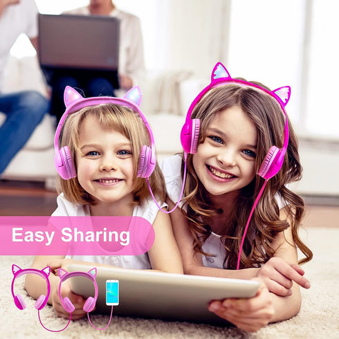 Kids Headphones, Light Up Cat Ear On-Ear Headphones for iPad Fire Tablet Kindle, Safe 85db Volume Control - Purple/Pink