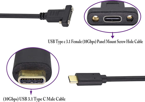 USB Type C 3.1 Panel Mount Adapter Cable - USB-C 3.1 Gen2 10Gbps Male to USB C Female Panel Mount Screw Cable, Supports