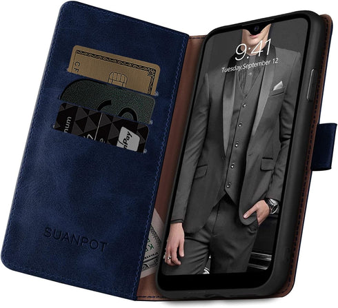 SUANPOT RFID Blocking Leather Wallet Case for Samsung Galaxy A32 5G, Credit Card Holder, Shockproof Cover (Blue)