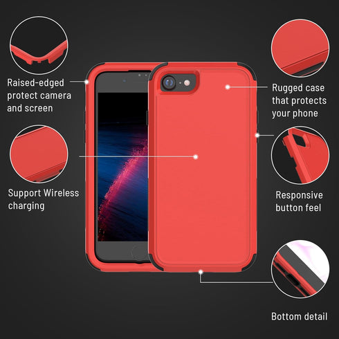 iPhone SE 2022 (3rd Gen) Heavy Duty Case with Glass Protector, Rugged Shockproof, Drop Proof, 3-in-1 - Red/Black
