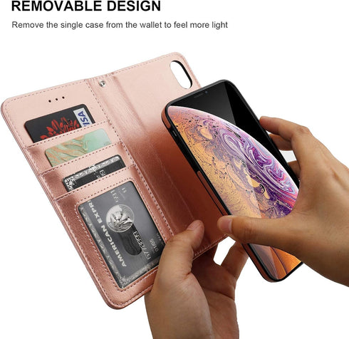Bocasal Wallet Case for iPhone Xs Max, PU Leather Magnetic Detachable Kickstand Shockproof Cover with Wrist Strap