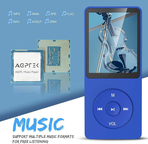 AGPTEK A02PL 64GB MP3 70 128GB(Deep Player, Hours Playback Lossless Sound Music Player, Supports up to Blue)