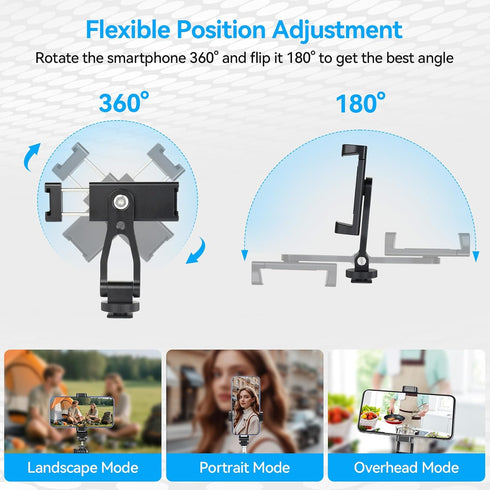 UTEBIT 1/4" 180 360 17 16 15 14, Universal Phone Tripod Mount with Cold Shoe Mount, Thread Tilt Rotation Support