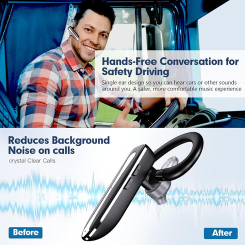 Truck Driver Bluetooth Headset, Wireless Earbuds with Earhooks, IPX7 Waterproof, Dual Microphone Earpiece, In Ear Hands