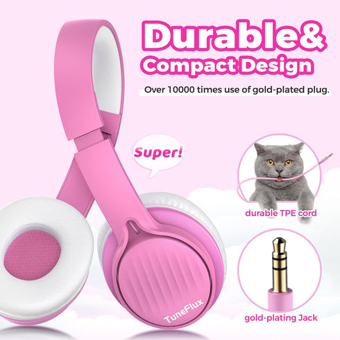 Shop upgraded Pink Kids Headphones: Wired, foldable, 85dB volume limit, stereo sound for school, travel, and tablets.