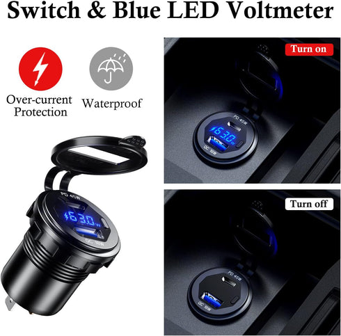 BATIGE PD 45W USB C Quick Charger 18W USB 3.0 Charger Socket Waterproof with Switch for 12V/24V Car Boat Marine