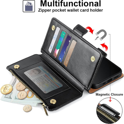 Antsturdy Wallet Case for iPhone 13 Pro Max, RFID Blocking PU Leather Flip Cover with Wrist Strap and Zipper Credit