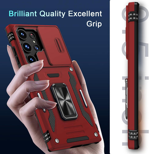 DEERLAMN Heavy Duty Shockproof Case for Samsung Galaxy S23 Ultra, Slide Camera Cover, Red Military Grade