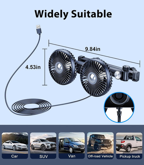 5V/ 12V /24V Long Arm Dual Head Car Cooling Fans for Back Seat for Kids, Usb Car Backseat Headrest Fan for Baby Rear