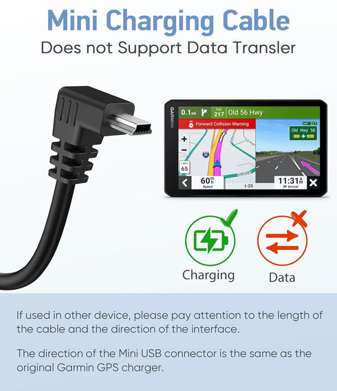 18AWG Charging Cable for Garmin GPS (6.5Ft 2Pcs) Thicker Power Cord, 90 Degree Shielding Mini USB Charger Cable for