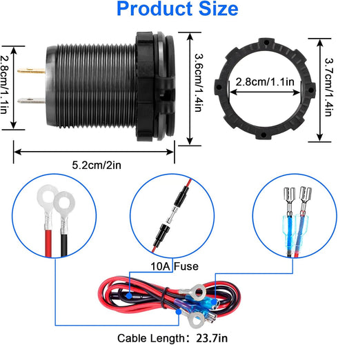 12V 60W USB C Car Charger Socket, 30W PD Type-C & Dual QC 3.0 USB Socket Port, Quick Charge Socket with Touch Switch