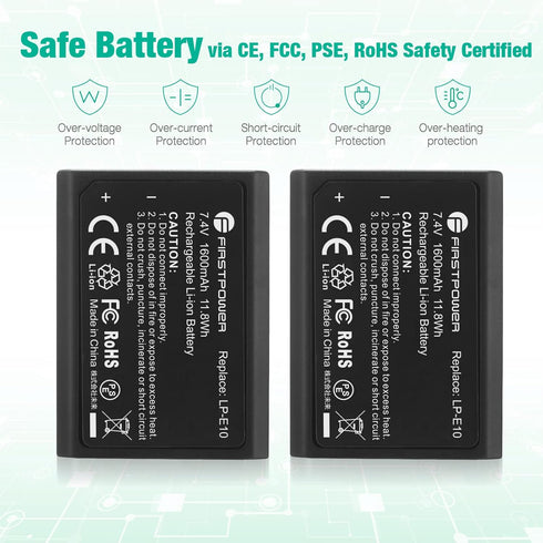 FirstPower Replacement LP-E10 Batteries for Canon EOS Rebel T3, T5, T6, T7, T100, 2-Pack 1600mAh