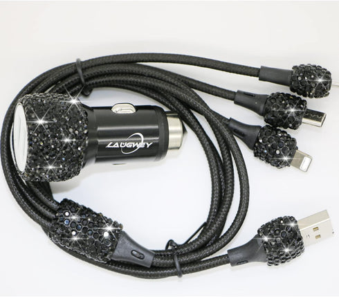 Bling Car Charger Accessories Set, Rhinestone Dual USB Car Chargers + Bling 3 in 1 Charging Cable for Girls