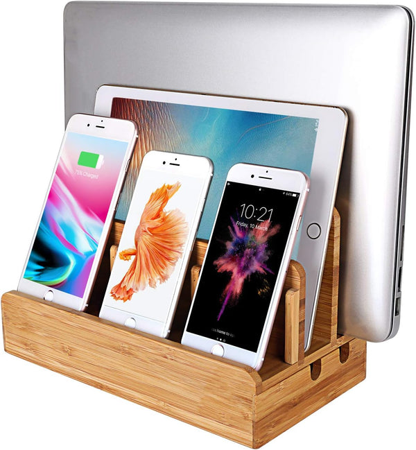 Bamboo Wood Multi-Device Desktop Charging Dock Station, Compatible with iPhone Xs MAX, iPad Mini, Samsung Tablets