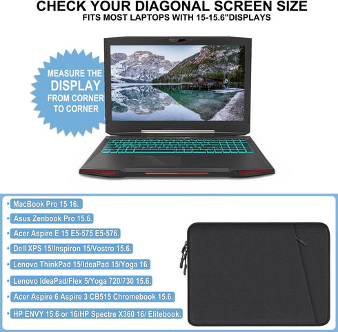 Laptop Case 15.6 inch, Shockproof Protective Sleeve with Accessories Pocket, Water Resistant Bag for MacBook/Dell/HP