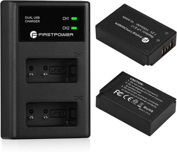 FirstPower Dual USB Charger & 2-Pack LP-E17 Battery for Canon EOS RP, Rebel T6i, T7i, T8i, SL2, SL3