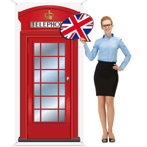 English Phone Booth Door Cover, Large Fabric Red Telephone Box Decor Banner for Photo Backdrop, 78.7 x 35.4 Inch