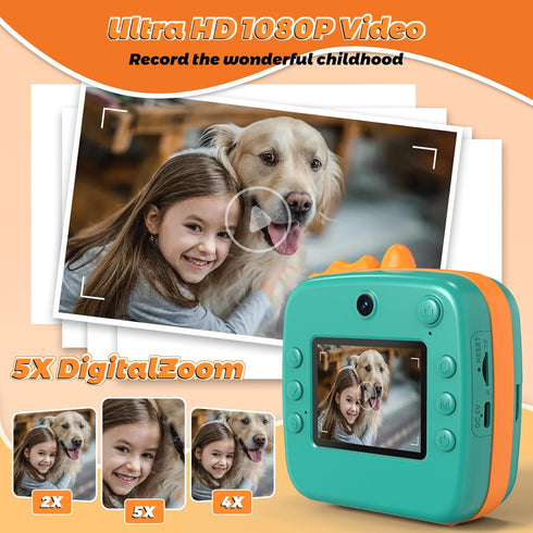 MFLABEL Kids Instant Print Camera, HD Dinosaur Selfie Digital Camera with 1080P Videos, Portable Travel Toy Set