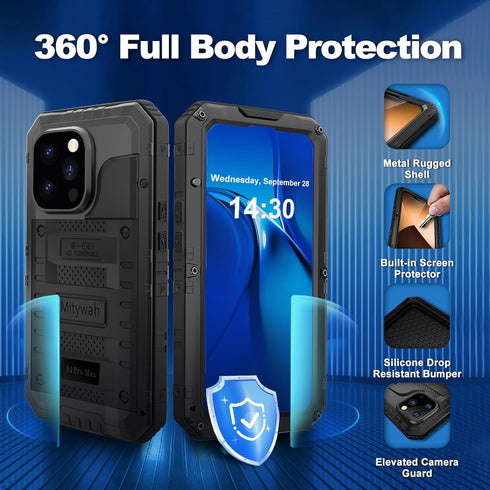Mitywah iPhone 14 Pro Max Waterproof Case, Heavy Duty Metal with Built-in Screen Protector, Military Grade Drop