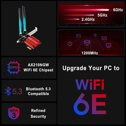 WiFi 6E AX210 WiFi Card,PCIe WiFi Wireless Network Card with Bluetooth 5.3,AX5400 Tri-Band PC Wireless Card,Supports OFDMA & MU-MIMO, Ultra-Low Latency, WPA3, Low-Profile Bracket, Windows 10/11