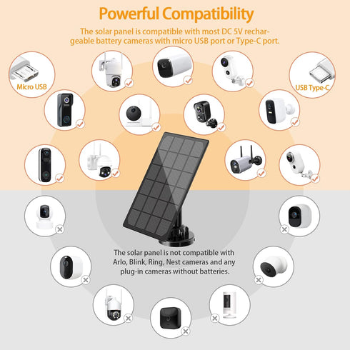 Solar Panel for Outdoor Camera, IP66 Waterproof Charger, Continuous Power Supply for Security Cameras with 10ft Cable