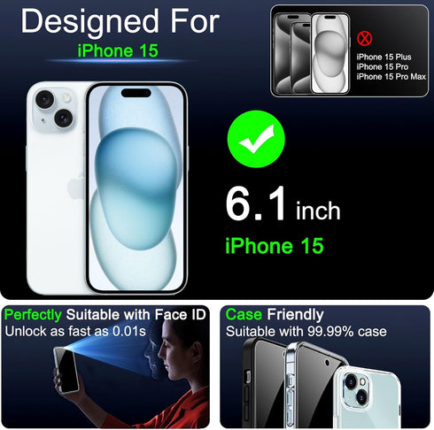 IMBZBK 4 Pack Privacy Screen Protector for iPhone 15 Tempered Glass with 4 Pack Camera Lens Protector, Accessories 9H Anti Spy, 2.5D Curved, Case Friendly, Transparent