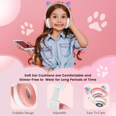 Kids Bluetooth Headphones, Bluetooth Headphones for Kids and Adults, Cat Headphones for Girls and Boys