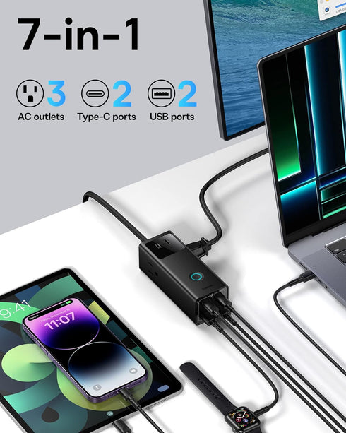 Baseus 65W Charging Station, 7 in 1 Power Strip USB C GaN Charger with 5ft Extension Cord, Fast Charging for Laptops