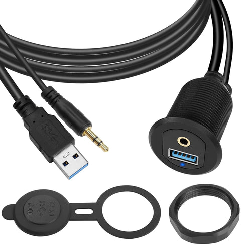 QIANRENON USB3.0 & 3.5mm Audio Threaded Fixed Embedded Car Waterproof Cable, 5Gbps TRS 3.5mm & USB3.0 Dashboard Panel