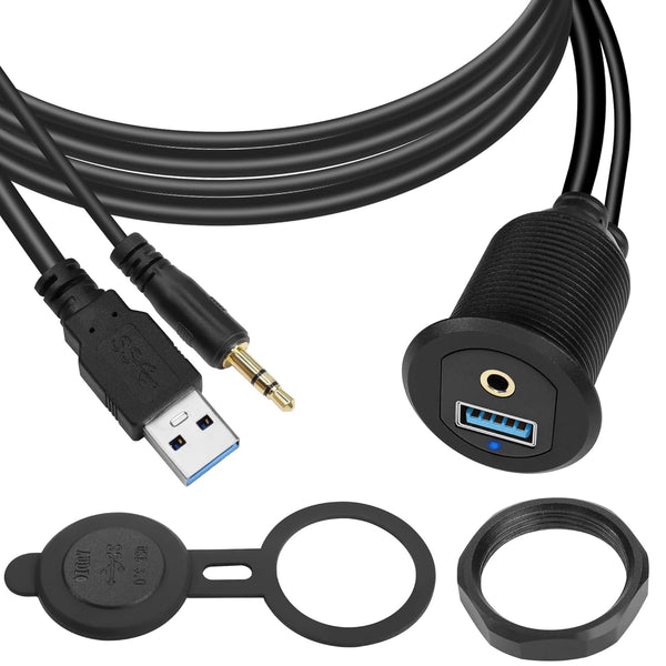 QIANRENON USB3.0 & 3.5mm Audio Threaded Fixed Embedded Car Waterproof Cable, 5Gbps TRS 3.5mm & USB3.0 Dashboard Panel